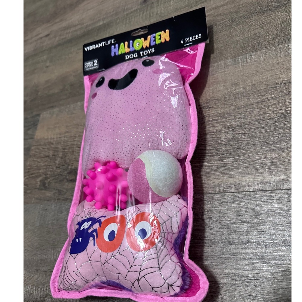 Halloween Dog Toys 4 Piece Set Pink Ghost Bone Ball Chew Level 2 NWT